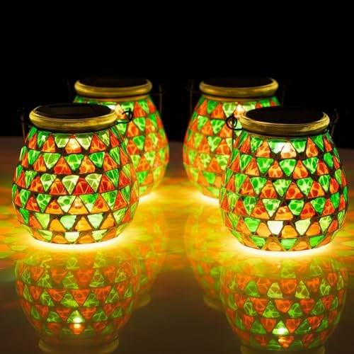 Starsoul 4 Pack Solar Lanterns Outdoor Waterproof, Vibrant Mosaic Hanging Solar Lights, Decorative Solar Lantern for Outside Garden Decor - color: Multi-4PC