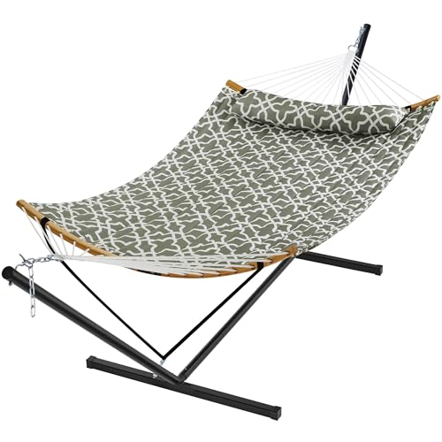 SUPERJARE Hammock with Stand, 2 Person Heavy Duty Hammock with Padded Cotton, Detachable Pillow & Strong Curved-Bar & Portable Carrying Bag, Perfect for Outdoor & Indoor, Grey with White Flower - color: Grey With White Flower