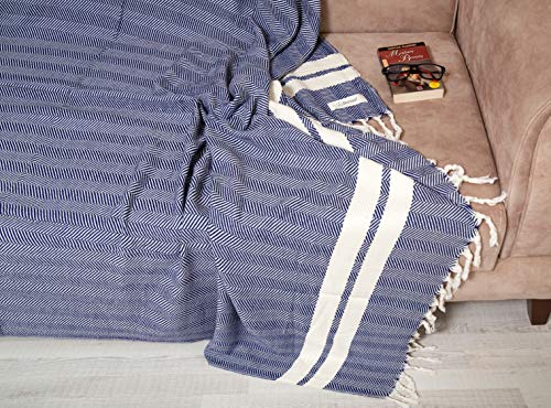 Bersuse 100% Cotton Herringbone XL Throw Blanket for Couch - 100% Cotton Lightweight Durable Throw Blanket, Big Blanket for Sensitive Skin, Decorative and Versatile - 63x94 Inches, Dark Blue - color: Dark Blue
