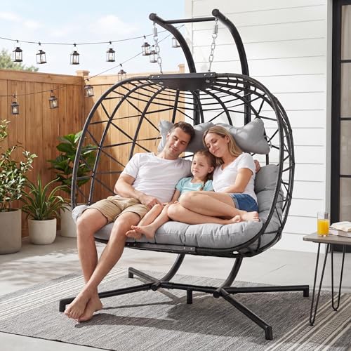 BLUEXYARD 2 Person Wicker Egg Chair with Stand, Extra Large Hanging Swing Hammock Chair Outdoor, Comfortable Patio Double Loveseat with Cushion for Backyard Balcony Indoor, Light Grey - color: Grey/Light Grey, size: 2 Seats (No Cover)