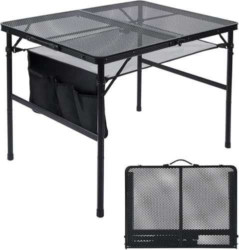 JOUYEK Folding Grill Table, 3x2 FT Portable Camping Table, Height Adjustable Metal Tables with Mesh Desktop and Mesh Bag, Outdoor Furniture for Camping, Picnic, Beach and BBQ, Black - style: 3x2 FT