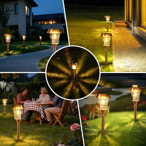 Solar Pathway Lights Outdoor 4 Pack, Stainless Steel & Glass Solar Garden Lights, Auto Dusk to Dawn IP65 Waterproof LED Path Lights for Yard, Lawn, Walkway, Driveway - color: Bronze