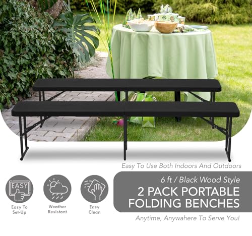 AJP Distributors 2 Pack 6 Foot Portable Plastic Folding Bench 6FT 72" Half Foldable Heavy Duty Seat w/Carry Handle - Indoor Outdoor Backyard Camping Picnic BBQ Party Wedding Dining Event Meeting Black - color: Black Wood Style, size: 6 Foot - 2 QTY