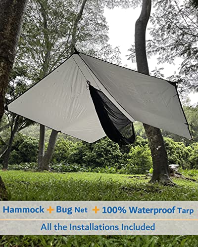 Sunyear Hammock Camping with Rain Fly Tarp and Net, Portable Camping Hammock Double Tree Hammock Outdoor Indoor Backpacking Travel & Survival, 2 Tree Straps,100% Waterproof - color: Black Bundle, size: 55"W*106"L