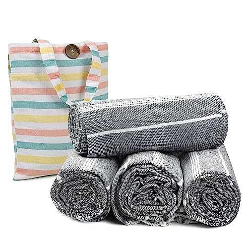HILLFAIR Cotton Turkish Beach Towels, Quick Dry Lightweight Sand Free Peshtemal Towel for Bath Swim Yoga Spa Travel, Beach Accessories, Oversized Cotton Turkish Towels (39 x 72 inch- 4 Pack Grey) - color: Grey, size: 39 x 72 inch ( Beach towel - 4 PACK )