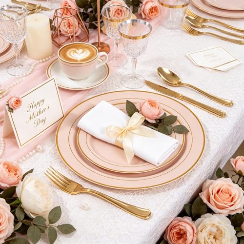 GATHER 700PCS Pink Plastic Plates - Gold Rim Disposable Plastic Dinnerware Set Include 200 Pink Plates, 300 Silverware, 100 Napkins, 100 Cups for Party & Wedding & Mother's Day - color: Pink, size: 100 Guests