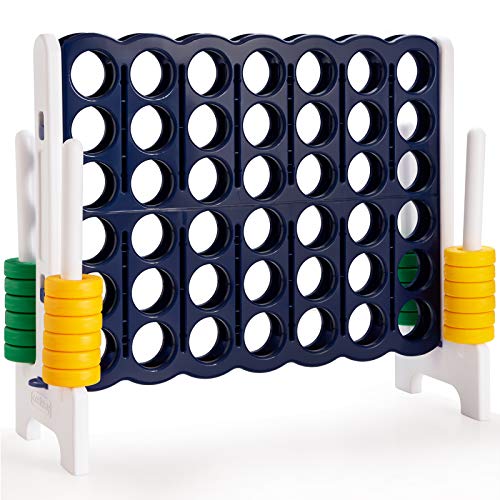 COSTWAY Jumbo 4-to-Score Giant Game Set, 4 in A Row for Kids and Adults, 3.5FT Tall Indoor & Outdoor Game Set with 42 Jumbo Rings & Quick-Release Slider, Perfect for Holiday Party & Family Game - color: Dark Blue
