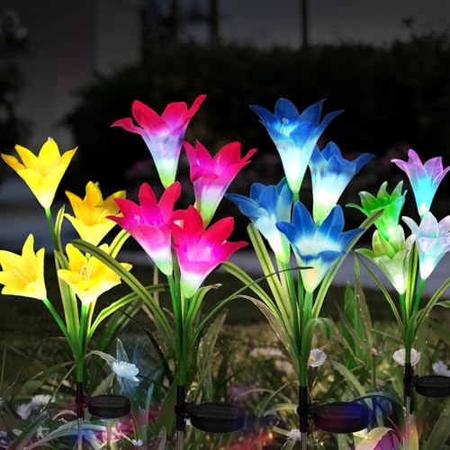 echosari 4 Pack Color Changing Solar Lights Outdoor Waterproof, Solar Lily Flower Stake Lights Auto ON/Off Solar Garden Lights for Lawn Pathway Landscape Garden Gifts for Mom Women Grandma - color: Multi-color Lily Flower