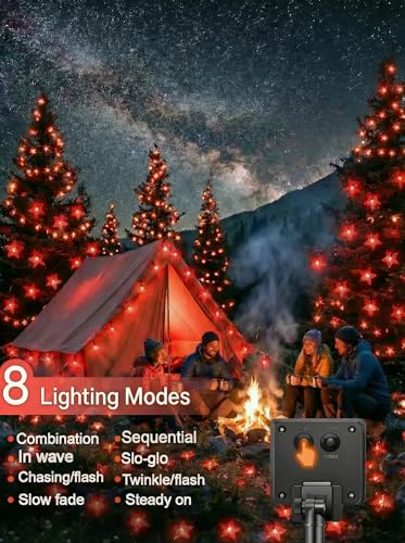 Solar Twinkle Star String Lights Outdoor Indoor Waterproof 39FT 100 LED Solar Powered Fairy Lights with 8 Lighting Modes Christmas Decor for Camping Tree Party Yard Wedding Garden (Red) - color: Red