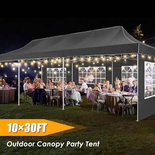 HOTEEL Tents for Parties 10x30 Pop Up Canopy Tent Heavy Duty with 8 Sidewalls, Commercial Party Tent Event Wedding Instant Canopy Waterproof with Carry Bag, UV 50+, Thicked Hexagonal Legs, Black - color: Black, size: 10x30FT (+8 Walls)