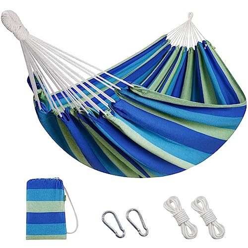 2 Persons Hammock - Portable Camping Bed for Patio, Backyard, Porch, Outdoor and Indoor Use - Soft Cotton Hammock with Carrying Bag - color: Blue Green, size: XX-Large