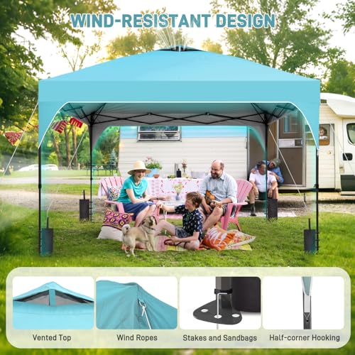 8x8 FT Canopy Tent, Pop Up Canopy with 1-Button Push, 4 Sandbags, Instant Outdoor Gazebo Shelter (Cyan Blue, 8x8) - color: Cyan Blue, size: 8x8