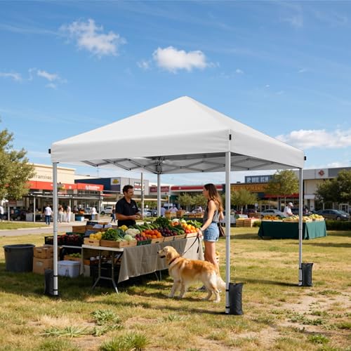 Driftalia 10x10 Pop Up Canopy Tent, Instant Setup Portable Canopy with Carry Bag, 4 Sandbags and 8 Stakes for Outdoor Events, Parties & Camping - White - color: White