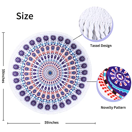 Benefeet Sox Beach Towel Large Round Mandala Pool Towels Tassels Microfiber Quick Dry Beach Blanket Throw Bohemian Roundie Swim Pool Circle Towel, 59 Inches - color: Multi Mandala, Purple Blue White
