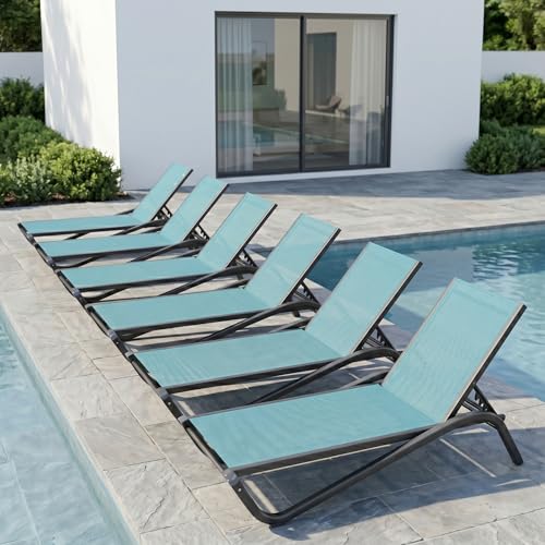 Patio Chaise Lounge Chairs Set of 6, All-Weather Aluminum Pool Loungers for Outside, 5-Position Adjustable Sunbathing Chairs for Tanning, Stackable for Backyard, Poolside, Sky Blue - color: Sky Blue, size: Set of 6