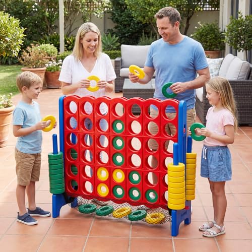 COSTWAY Giant 4 to Score Game Set, Jumbo Game Set with 42 Chess Pieces, Quick-Release Levers & Mesh Pocket, 4-in-a-Row Backyard Game for Kids & Adults, Ideal for Indoors & Outdoors - color: With Mesh Pocket
