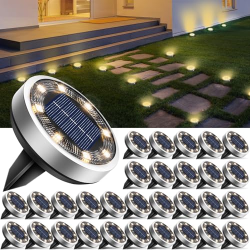 btfarm 30 Pack Solar Lights Outdoor, 8 LED Solar Ground Lights IP65 Waterproof Flat Solar Disc Light, Pathway Lights for Garden Lawn Patio Yard Path Landscape, Warm White - color: Warm White, size: 30 Pack