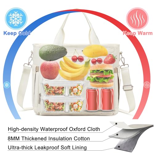 AIJIEKE Extra Large Lunch Bag for Women & Men, Insulated Leakproof Lunch Box for Work, Reusable Adult Lunch Tote with Shoulder Strap, Multi-Pocket Cooler Bag for Office, Picnic, Beach, Beige - color: Beige