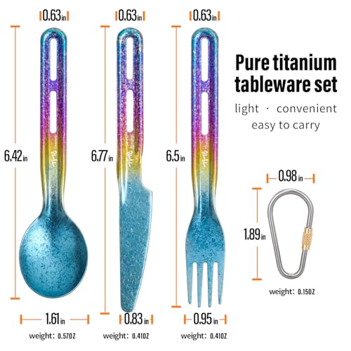 TiTo Titanium 3 Piece Cutlery Set, Ultralight Portabale Titanium Fork Spoon & Knife Tableware for Outdoor Camping Hiking Backpacking Travel Picnic Flatware with Titanium Carabiner (Blue Colorful) - color: Blue Colorful