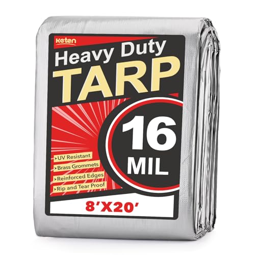 Keten Tarps Heavy Duty Waterproof 8X20 Feet, Extra Thick 16 Mil, Tear & Fade Resistant, UV Blocking, Outdoor Tarp with Reinforced Grommets for Roof, Camping, Patio, Pool, Boat(Silver/Black) - color: 16mil Sliver/Black, size: 8x20ft