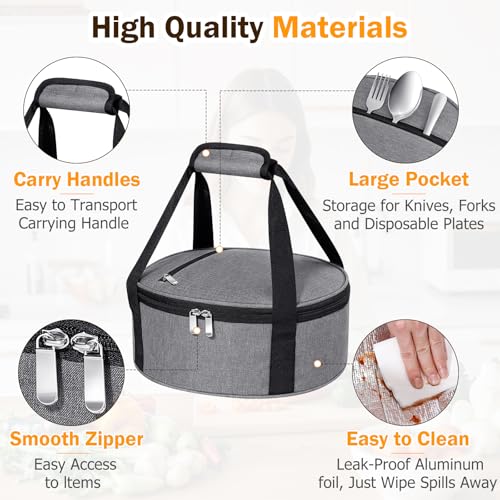 Round Insulated Casserole Carrier – 12" Portable Pie Carrier Bag for Hot or Cold Food, Leakproof Thermal Lunch Tote with Handle for Parties Picnic & Travel - Grey - color: Gray, size: Single