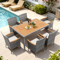 Devoko Dining 7 PCS Furniture, Patio Conversation Set with Acacia Wood Table Top, Outdoor, Beige Cushion and Grey Rattan - color: Grey, style: 7 Piece Dining Set