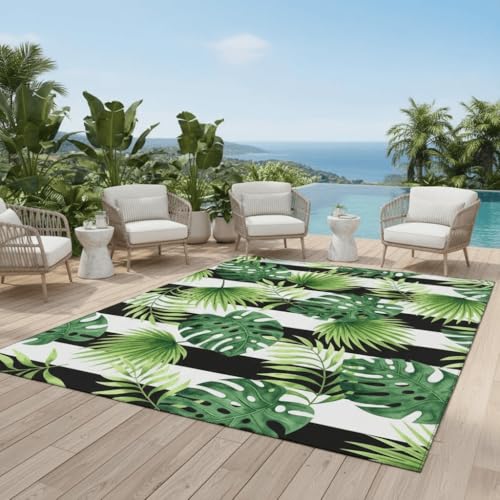 Outdoor Rug Waterproof 2x3 Tropical Plant Monstera Striped Outside Area Rugs for Patio Deck Porch Balcony Garden Black White Green Coastal Boho Reversible Poolside Backyard RV Outdoor Carpet - color: A, size: 2x3