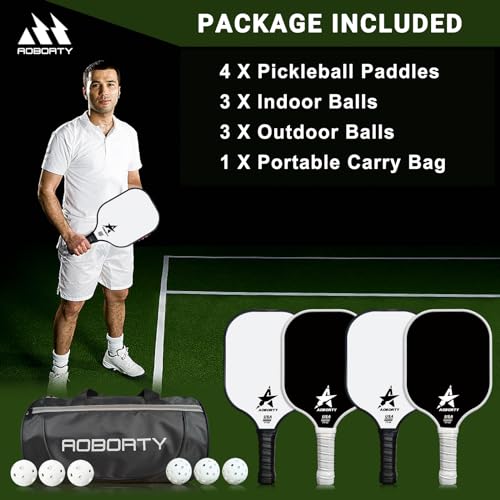 AOBORTY Pickleball Paddles 4 Pack - USAPA Light Graphite Premium Rackets Fiber Face & Polymer Honeycomb Core Pickleball Set with 4 Outdoor Indoor Balls Including Portable Carry Bag - color: Black and White
