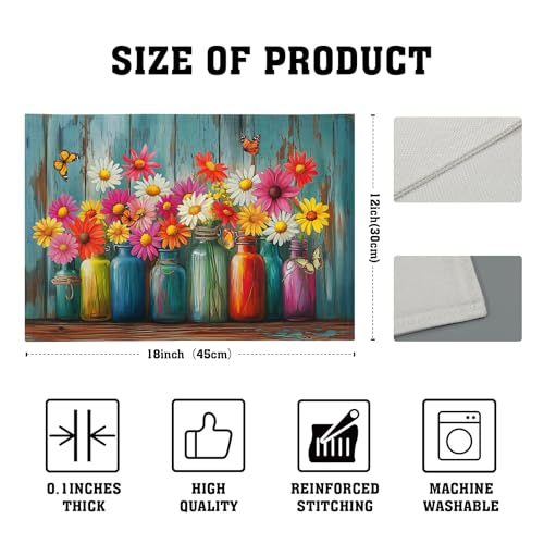 Colorful Daisy Flowers Placemat Set of 4, 12x18 Inch Floral Vase Botanical Rustic Linen Washable Table Mats for Farmhouse Dining Kitchen Picnics Outdoor Indoor Tablescapes Decor - color: Colorful Daisy Jar