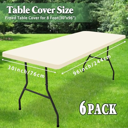 6 Pack Table Cover Fitted Picnic Elastic Tablecloth for 8 Foot Rectangle Tables Waterproof Stretch Washable Folding Indoor and Outdoor Spandex Table Cloth for Parties Banquet Camping (Beige,30" x 96") - color: Beige, size: 30"x96" (Pack of 6)