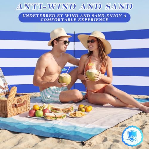25 x 4 FT Beach Wind Screen Long Blue White Privacy Screen Portable Beach Wind Fence Blocker with 5 Foldable Metal Poles and Carry Bag for Summer Outdoor Sand Protection