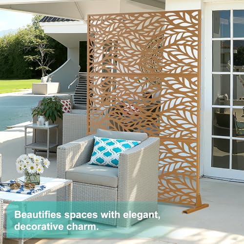 Modern Metal Privacy Screen, Patio Outdoor Privacy Panels with Stand, Freestanding Outdoor Divider for Yard, Deck＆Garden(71.3"*47.3"*15.7") - color: Brown,Flowleaf