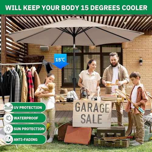 MEWAY 9ft Patio Umbrella Outdoor Table Umbrellas with Push Button Tilt and Crank, Market Umbrella 8 Sturdy Ribs for Deck, Garden, Pool and Backyard, Beige - color: Beige, size: 9ft