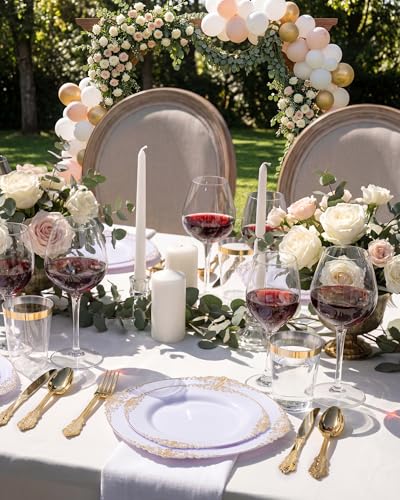 Nervure 350PCS Gold Plastic Plates - Gold Plastic Dinnerware Sets for 50 Guests - 100 Disposable Plates, 150 Silverware, 50 Cups, 50 Napkins for Wedding & Party & Mothers Day - color: Gold