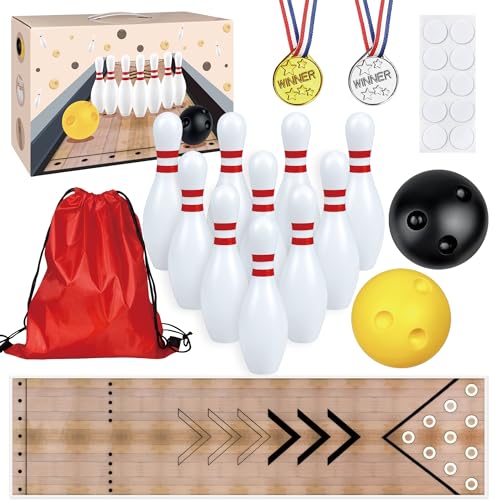 Mini Bowling Set Indoor Outdoor Indoor Bowling Set with Guide Arrow Mat Gold and Silver Medal Backpack Dispensing - color: White