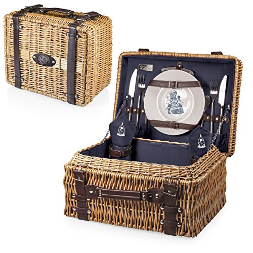 PICNIC TIME Disney Beauty and the Beast Champion Wicker Picnic Basket for 2 with Deluxe Cutlery Service Kit, Large Suitcase Style Picnic Set with Leatherette Handle, (Navy Blue) - color: Disney Princess the Beauty & the Beast - Navy Blue
