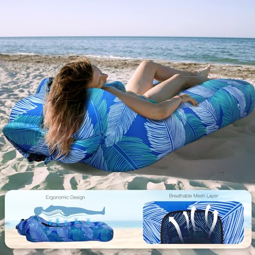 Inflatable Couch Air Lounger for Adults, Ultralight Portable Blow up Couch Air Sofa, Inflatable Beach Lounger Bed for Camping Hiking Festival Backyard Lawn, No Pump Required - color: Klein Blue Feather