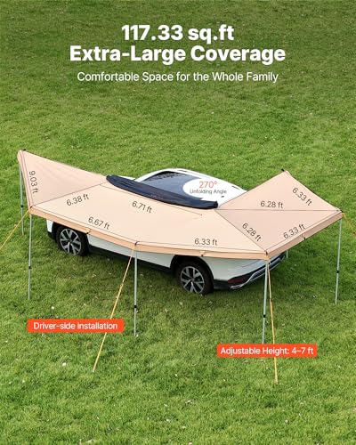 VEVOR 270 Degree Awning with Bulit-in LED Lights, 117 sq.ft Driver Side Vehicle Awning, Waterproof UV50+ Car Side Awnings, All-Weather Free-Standing Overland Awnings Car Shelter for SUV Truck Camping - color: Khaki 270° 18.7*6.4ft Car Awning with LED