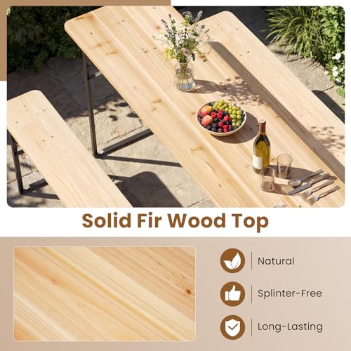 Giantex 3-Piece Folding Picnic Table with Benches Set, Solid Wood Camping Beer Table Bench Set with Metal Frame, Portable Patio Dining Furniture, Indoor & Outdoor Folding Table and Chairs for 4 (70'') - size: 70''