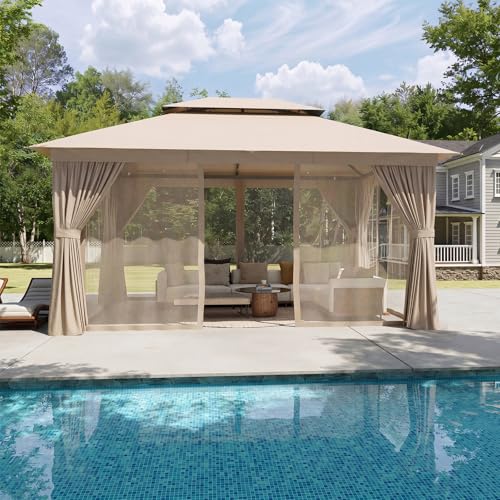 Aoxun Outdoor Gazebo for Patio 10x12 Metal Frame Canopy with Double Roofs Heavy Duty Party Tent and Shelter with Mosquito Netting and Privacy Screen for Backyard, Lawn, Garden, Deck (Khaki) - color: Khaki, size: 10 X 12