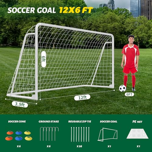 NAIZEA Soccer Goals - 24x8/21x7/18x7/12x6/16x7/10x6/8x6/6x4FT Soccer Goals for Backyard - Metal Soccer Goal for Youth Adult - Multiple Sizes Colors- Perfect for Games Indoor Outdoor - size: 12ft x 6ft, style: Trainer-White/Steel