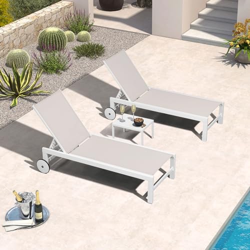 PURPLE LEAF Outdoor Chaise Lounge Chairs Set of 2 White Aluminum Lounge Chair Five-Position Adjustable Chaise with Wheels and Table for Pool Deck Patio, Linen - color: Linen, style: Standard Straight-leg