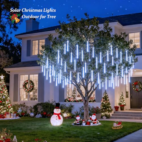 JMEXSUSS White Solar Christmas Lights, 8 Tube 144 LEDs Solar Meteor Shower Lights Outdoor, White Christmas Light for Tree Wedding Xmas Holiday Party Patio GazeboDecor - color: Cool White, size: 1*144LED