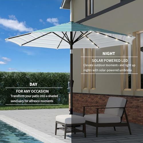 9FT Patio Umbrella with Solar Lights,Outdoor Market Umbrella with Tilt and Crank, LED Lighted Table Umbrella for Garden,Deck,Backyard,Pool,Beach (Blue Green Stripes) - color: Blue Green Stripes