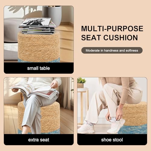 16'' Round Ottoman Natural Seagrass Braided Poof Hand Weaving Round Ottomans Boho Footrest Stool for Home Living Room Bedroom Patio(Natural&Blue) - color: Natural&blue