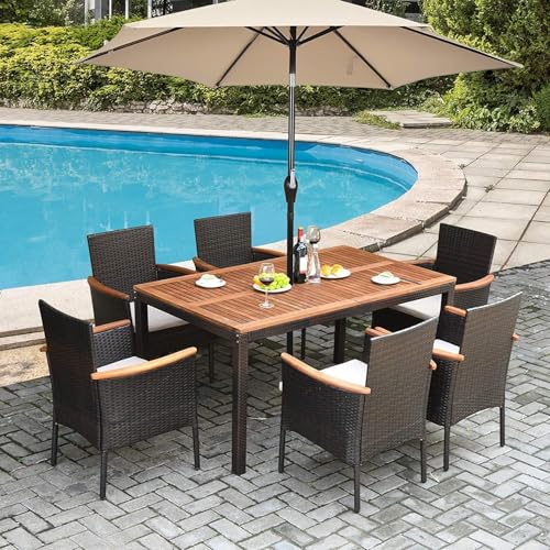 HAPPYGRILL 7-Piece Rattan Patio Dining Set Outdoor Wicker Dining Set with Umbrella Hole, Removable Cushions, Table & Chairs Set with Acacia Wood Table Top - color: Brown & Tabletop B
