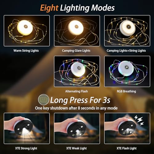 Camping String Lights, 4 in 1 Portable Camping Light Rechargeable, 8 Lighting Modes, USB Charging, Quick Storage, 32.8FT Waterproof Tent Lights String for Camping, Hiking, Yard, Christmas, Black - color: Black, size: 1 Pack