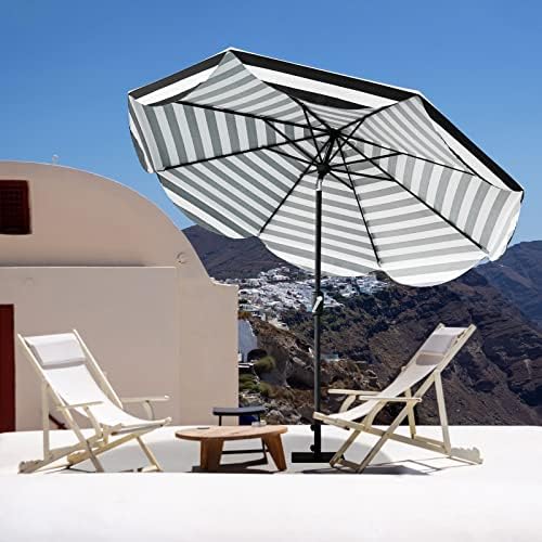 Tempera 9ft Auto Tilt Scalloped Patio Umbrellas Outdoor Table Umbrellas with Fade Resistant Canopy, 8 Sturdy Rids, Vintage Umbrellas for Lawn, Pool, Deck, Balcony - color: Black White Stripe Scalloped, size: 9 FT