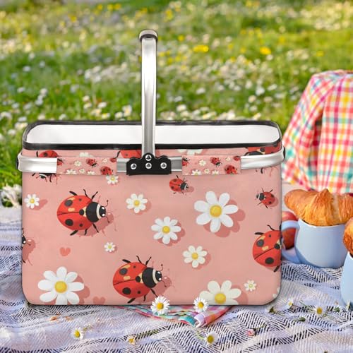 Picnic Basket, MARYHFENVA Shopping Basket with Handle 40L Collapsible Grocery Basket Portable Folding Basket for Travel Camping Reusable Market Bag - color: Ladybird(style 2)