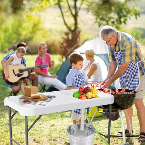 Folding Fish Cleaning Table with Sink, Portable Camping Sink Table with Measure Mark, Drainage Hose and Knife Groove, Outdoor Fish Fillet Cleaning Station for Picnic Fishing, White - color: Off White